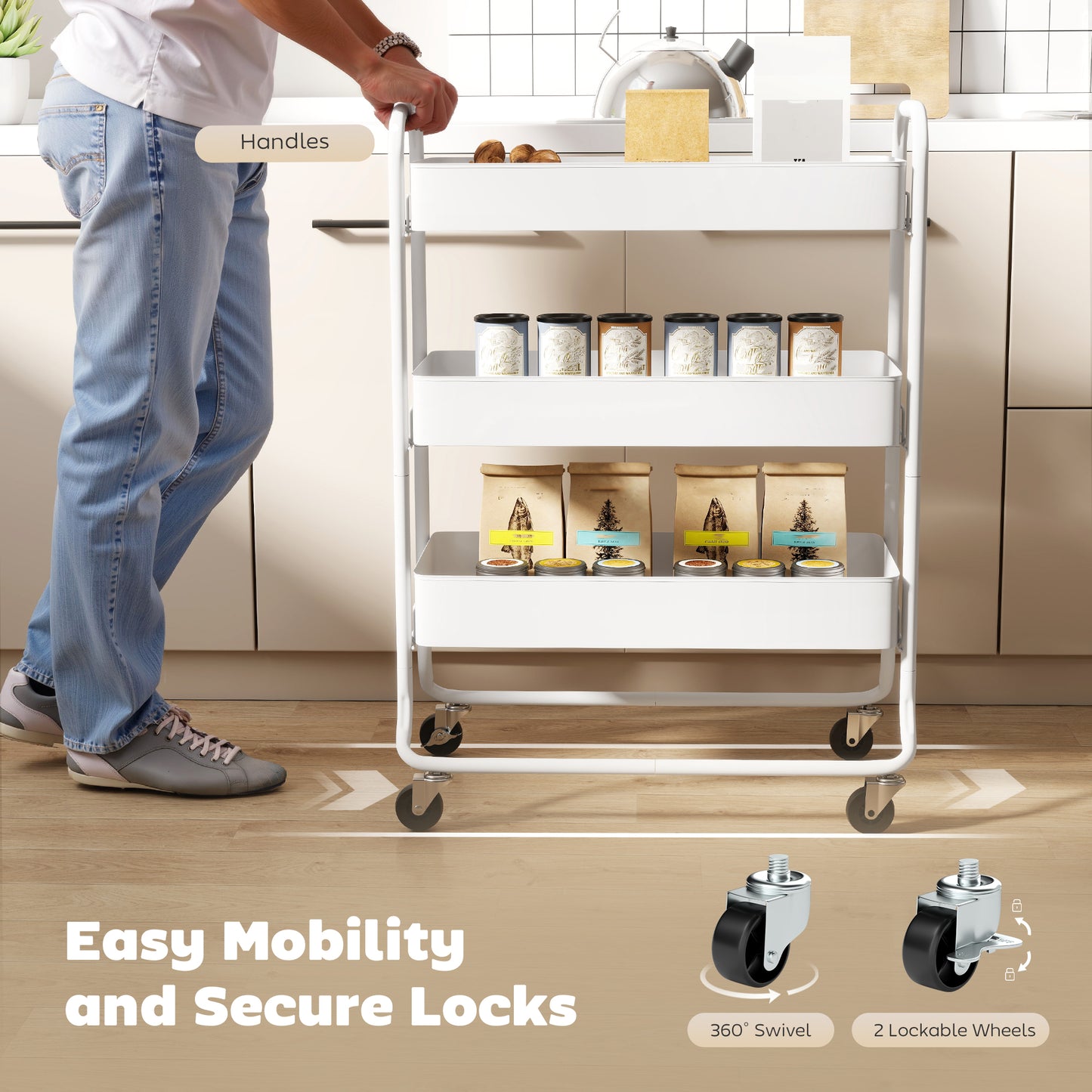 3-Tier Storage Trolley on Wheels, Rolling Utility Cart with Mesh Backets for Kitchen, Bathroom, Bedroom, White