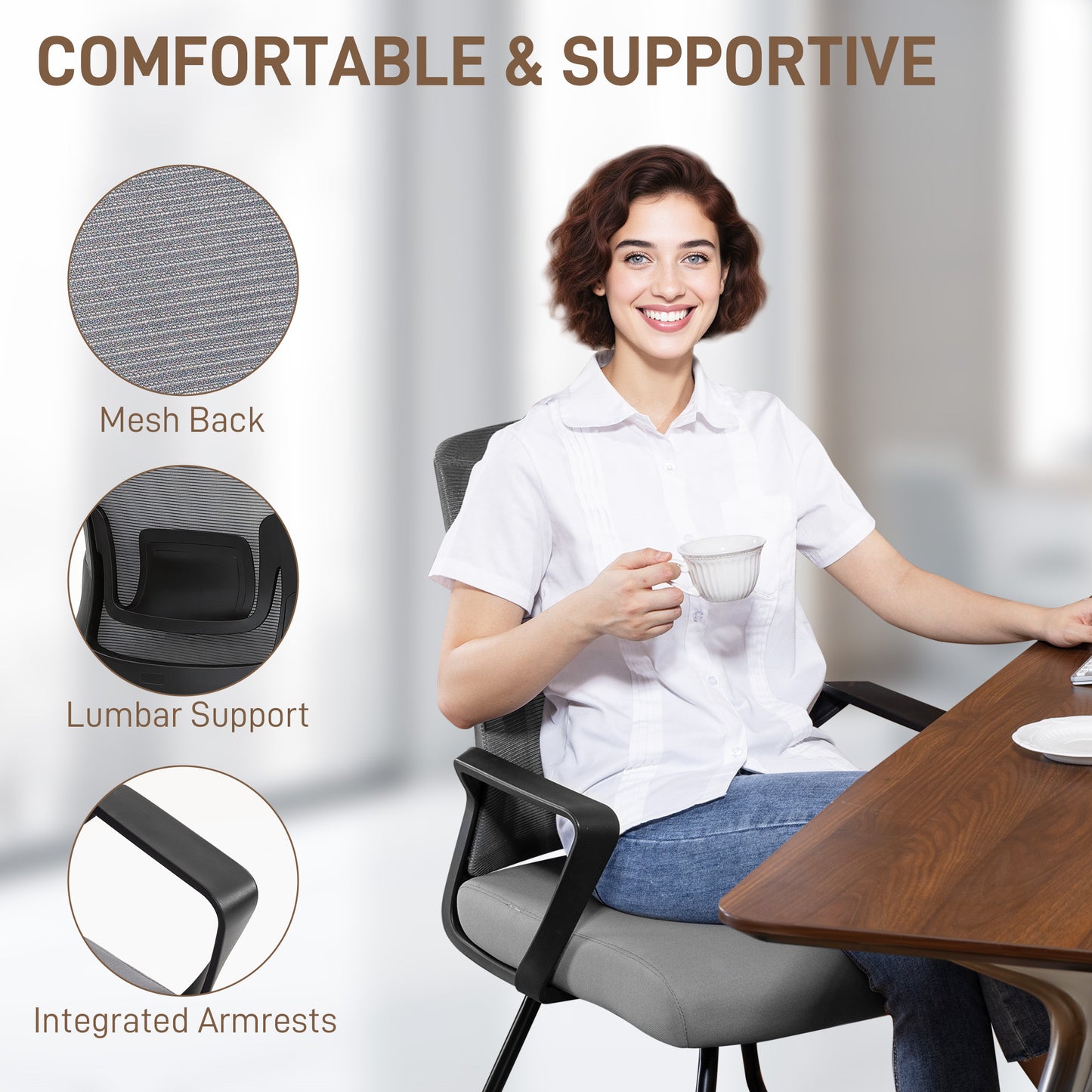 Desk Chair No Wheels, Office Chair with Mesh Back, Lumbar Support, Metal Base for Waiting Room, Conference Room, Dark Grey