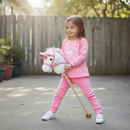 Unicorn Stick Horse with Wood Wheels, Real Pony Neighing and Galloping Sounds, Grip Handle, 95 cm, White