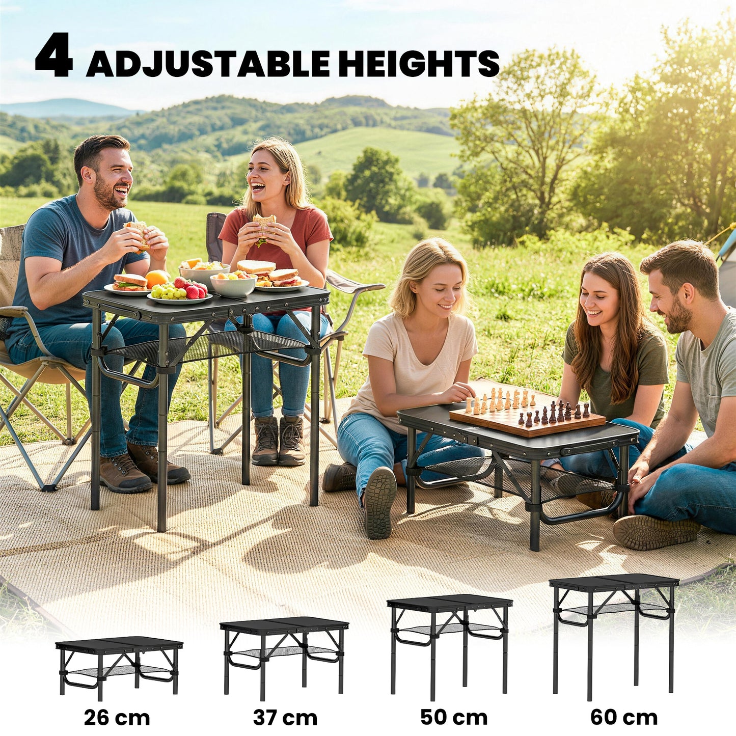 2ft Folding Camping Table, Picnic Table with Mesh Storage Layer, 4 Adjustable Heights and Carrying Handle, Black