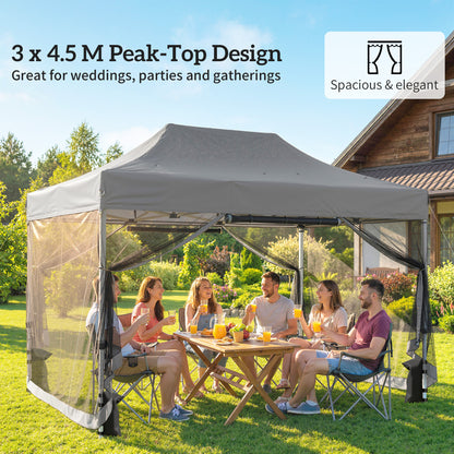 3 x 4.5 m Pop Up Gazebo with Mesh Nettings, UPF50+ Heavy Duty Outdoor Garden Party Tent Marquee, Dark Grey