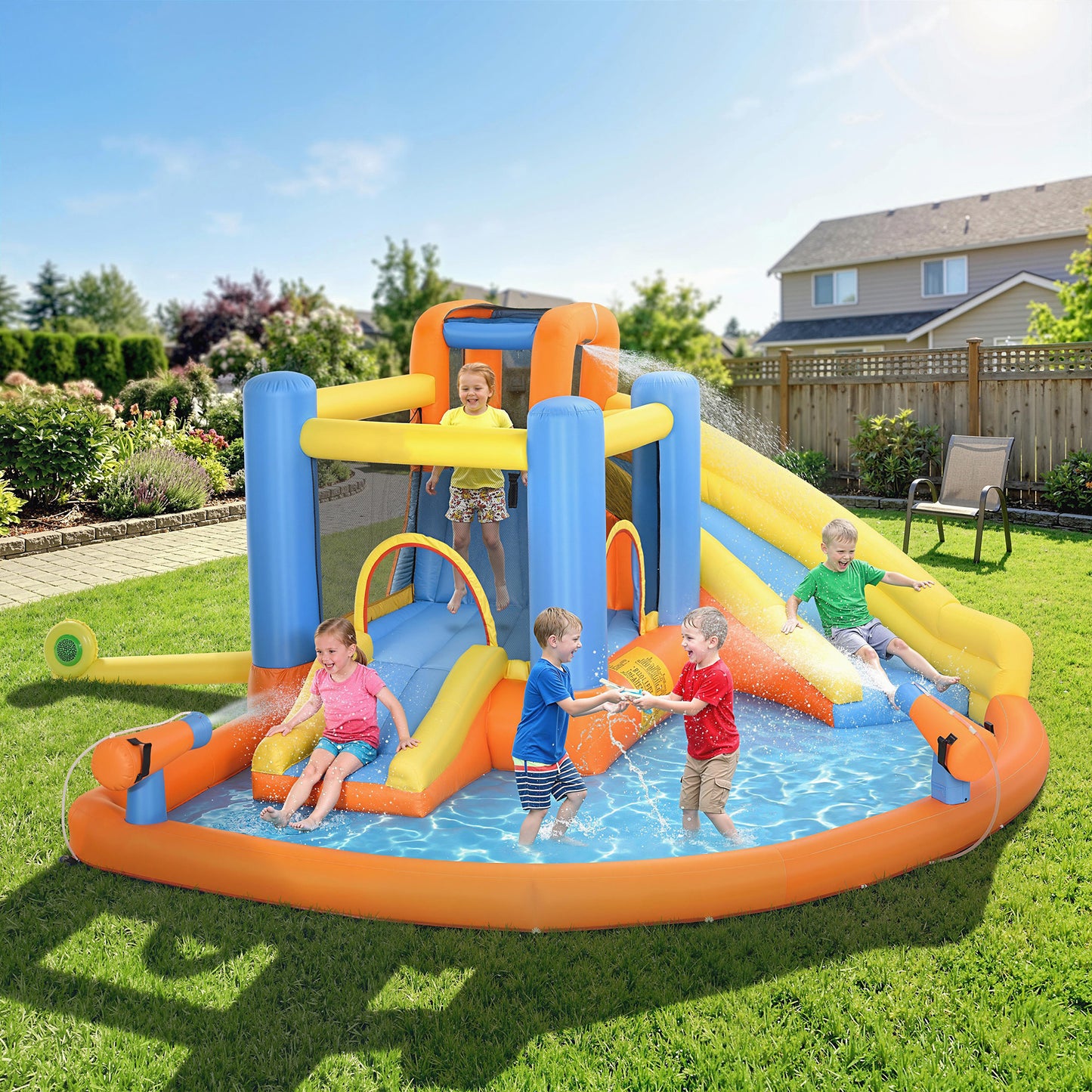 5 in 1 Bouncy Castle for Children, Inflatable Bounce House with Dual Slides, Pool, Climbing Wall, Water Cannons, Blower