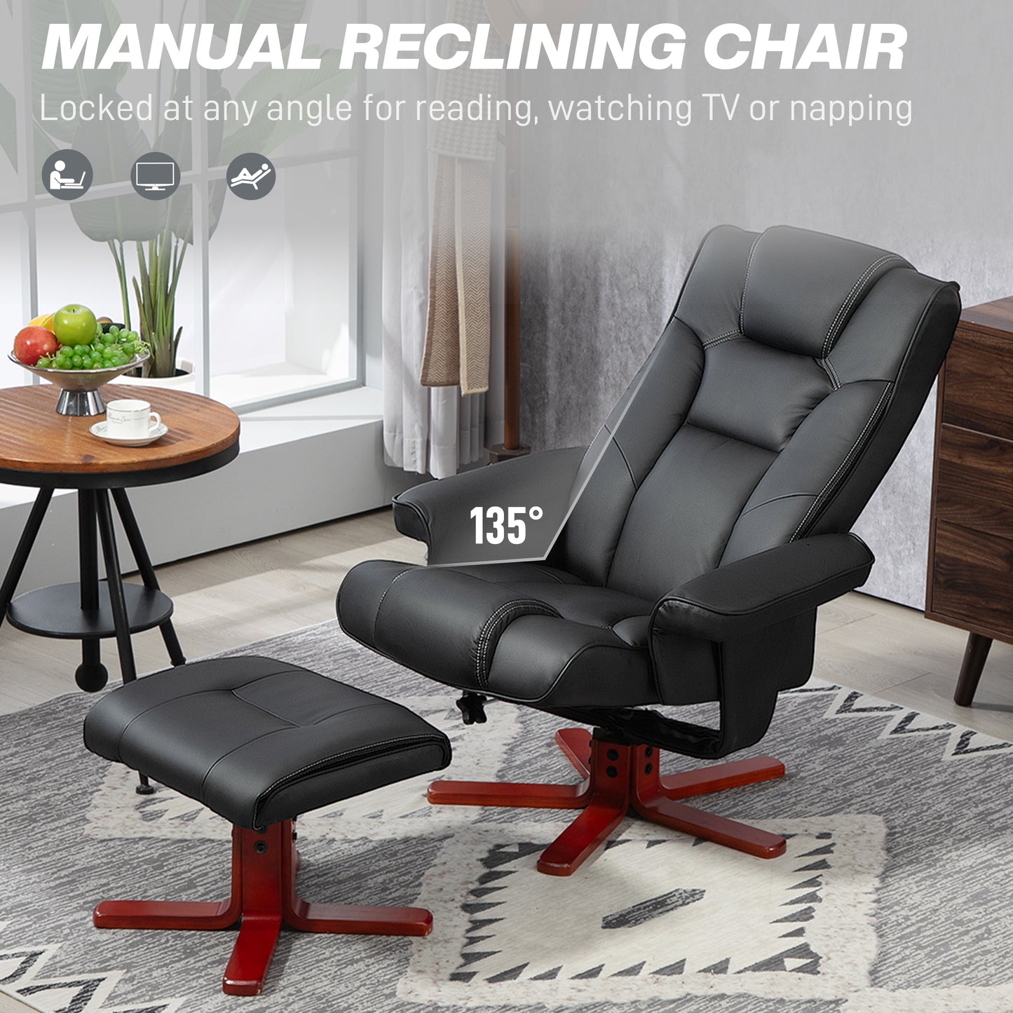 Faux Leather Manual Recliner and Footstool Set - Black