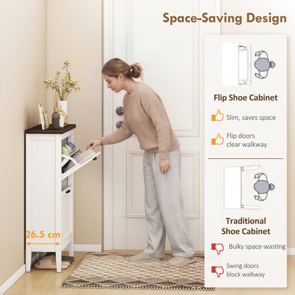 Shoe Cabinet with 2 Flip Drawers, Farmhouse Narrow Shoe Storage Cabinet with Adjustable Shelves, White