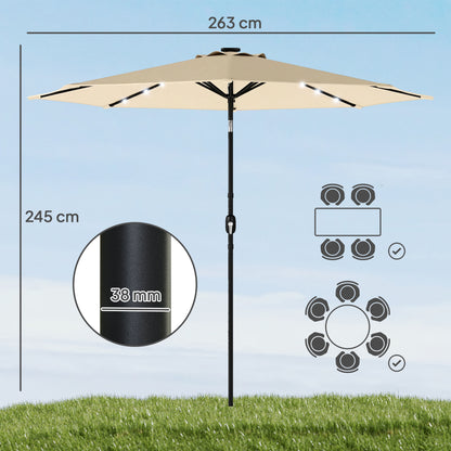2.6 m Garden Parasol Umbrella with LED Solar Light, Parasol Cover, Outdoor Market Patio Umbrella, Beige