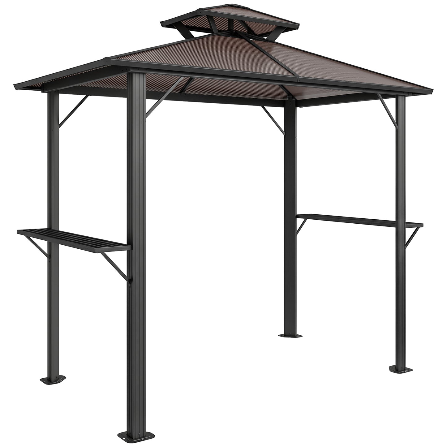 2.5 x 1.5 m Hardtop Grill Gazebo with Double Roof, Aluminium Outdoor BBQ Gazebo Shelter with 2 Side Shelves, Brown