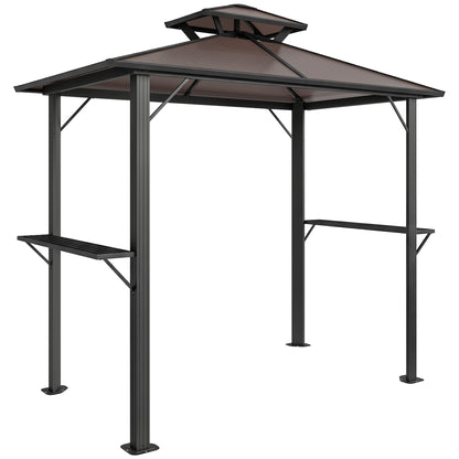 2.5 x 1.5 m Hardtop Grill Gazebo with Double Roof, Aluminium Outdoor BBQ Gazebo Shelter with 2 Side Shelves, Brown