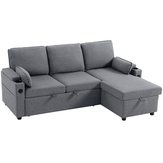 Corner Sofa Bed, L Shaped Sleeper Sectional Sofa with Reversible Storage Chaise, Grey