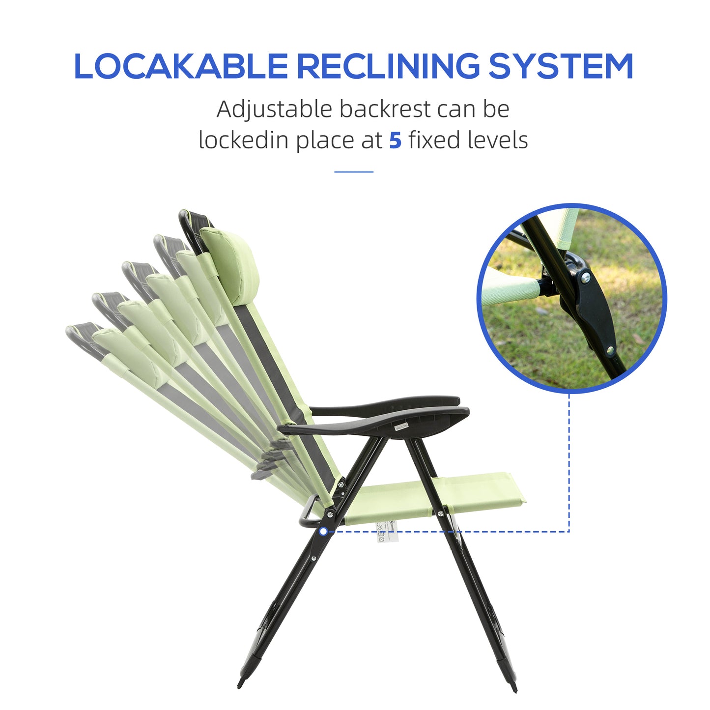 Folding Garden Chairs Set of 2, 5-Position Recliner Camping Chair with High Back for Patio, Picnic, Green