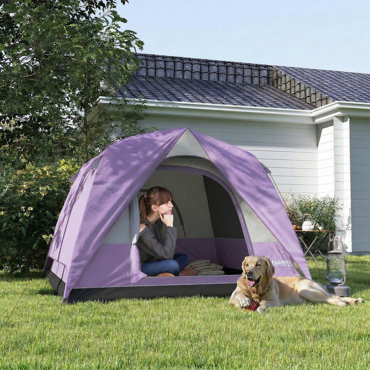3-4 Person Camping Tent, Easy Set Up 3-4 Man Tent w/ Sewn-in Groundsheet, Waterproof Dome Tent w/ Mesh Windows
