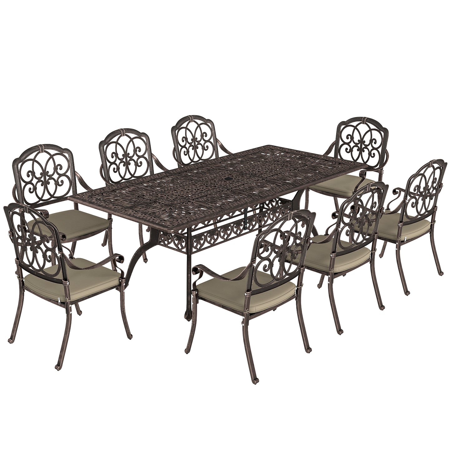 9 Piece Cast Aluminium Garden Dining Set, Garden Table and Chairs Set with Cushions, Parasol Hole for Patio, Bronze Tone