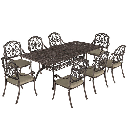 9 Piece Cast Aluminium Garden Dining Set, Garden Table and Chairs Set with Cushions, Parasol Hole for Patio, Bronze Tone