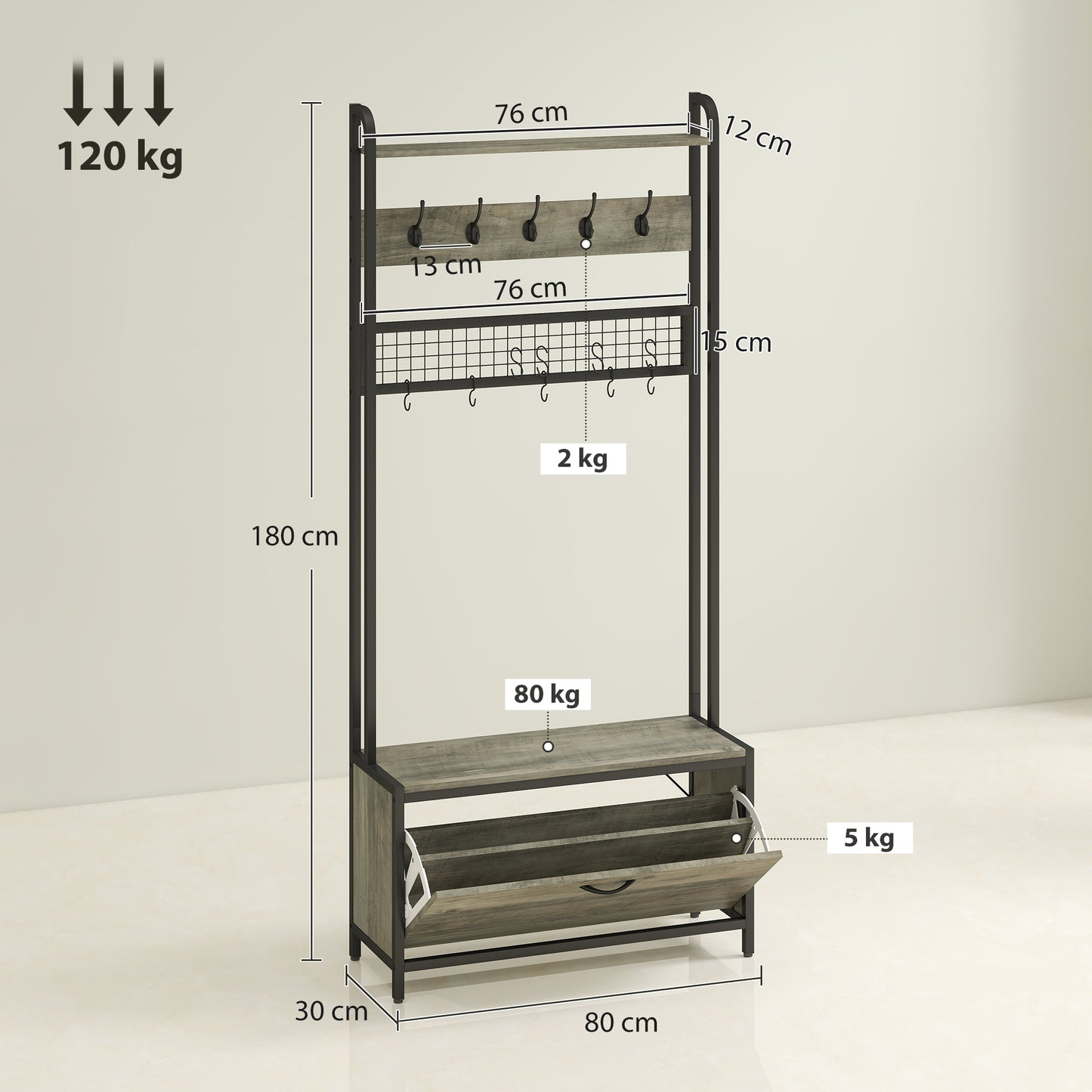 5-In-1 Industrial-Style Hallway Tree - Grey/Black