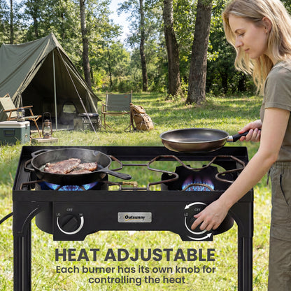 Double Burner Camping Stove, 150,000 BTU High Pressure Camping Gas Stove with Detachable Legs, Black
