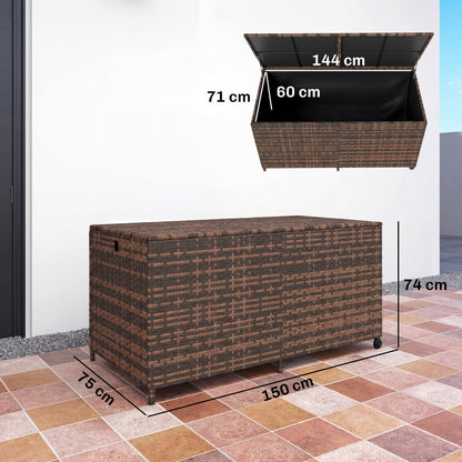 650L Garden Storage Box with 2 Wheels, Rattan Deck Box with Waterproof Zipped Liner, Safe Pneumatic Rods, Mixed Brown