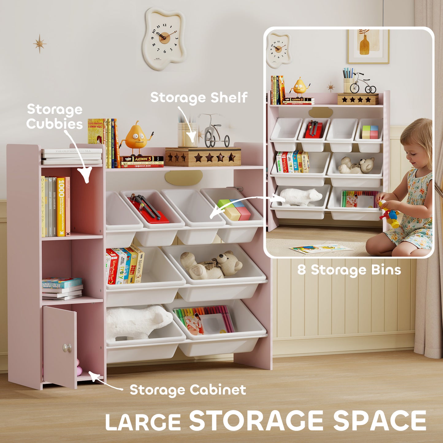 Toy Storage Unit with 8 Removable Bins, Storage Shelves, Cabinet, Pink