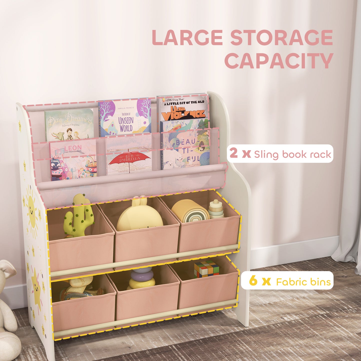 Kids Storage Unit, Toy Organiser with 6 Fabric Drawers and 2-Tier Sling Book Rack for Bedroom, Playroom, Nursery, Pink