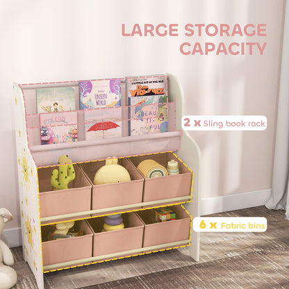 Kids Storage Unit, Toy Organiser with 6 Fabric Drawers and 2-Tier Sling Book Rack for Bedroom, Playroom, Nursery, Pink