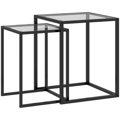 Nesting Tables Set of 2, Side End Table with Tempered Glass Top and Steel Frame for Living Room, Bedroom, Black