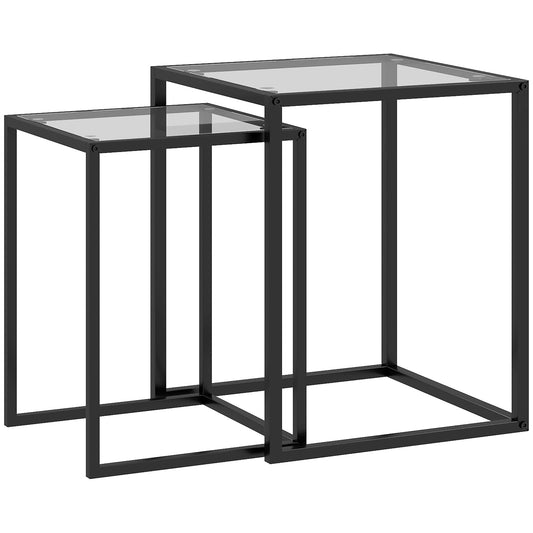 Nesting Tables Set of 2, Side End Table with Tempered Glass Top and Steel Frame for Living Room, Bedroom, Black