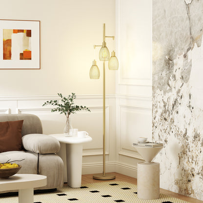 3-Light Floor Lamp, 170cm Industrial Dimmable Standing Lamp with Steel Wire Cage Lampshades for Living Room, Bedroom