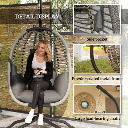 Outdoor Swing Chair with Thick Padded Cushion, Patio Hanging Egg Chair with Metal Stand, Foldable Basket, Cup Holder