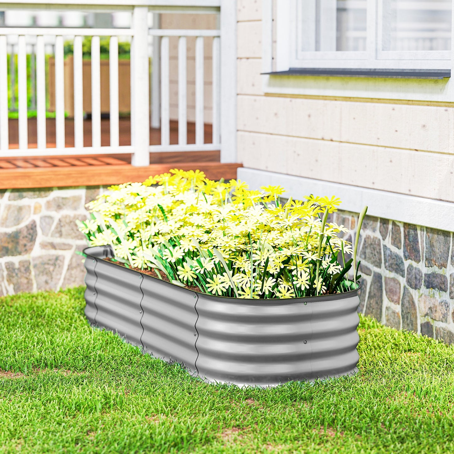 Galvanised Raised Garden Bed, Metal Planter Box with Safety Edging, for Flowers, Herbs, Succulents, Silver