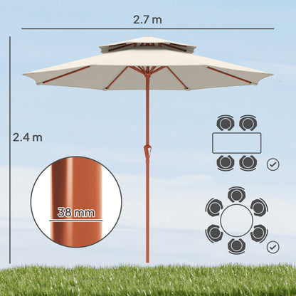 2.7 m Garden Parasol with Double Top Outdoor Market Table Umbrella with Crank System, Cream White