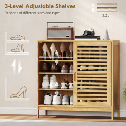 Bamboo Shoe Cabinet with 2 Sliding Slat Doors, 16Pairs, Adjustable Shelves, Natural