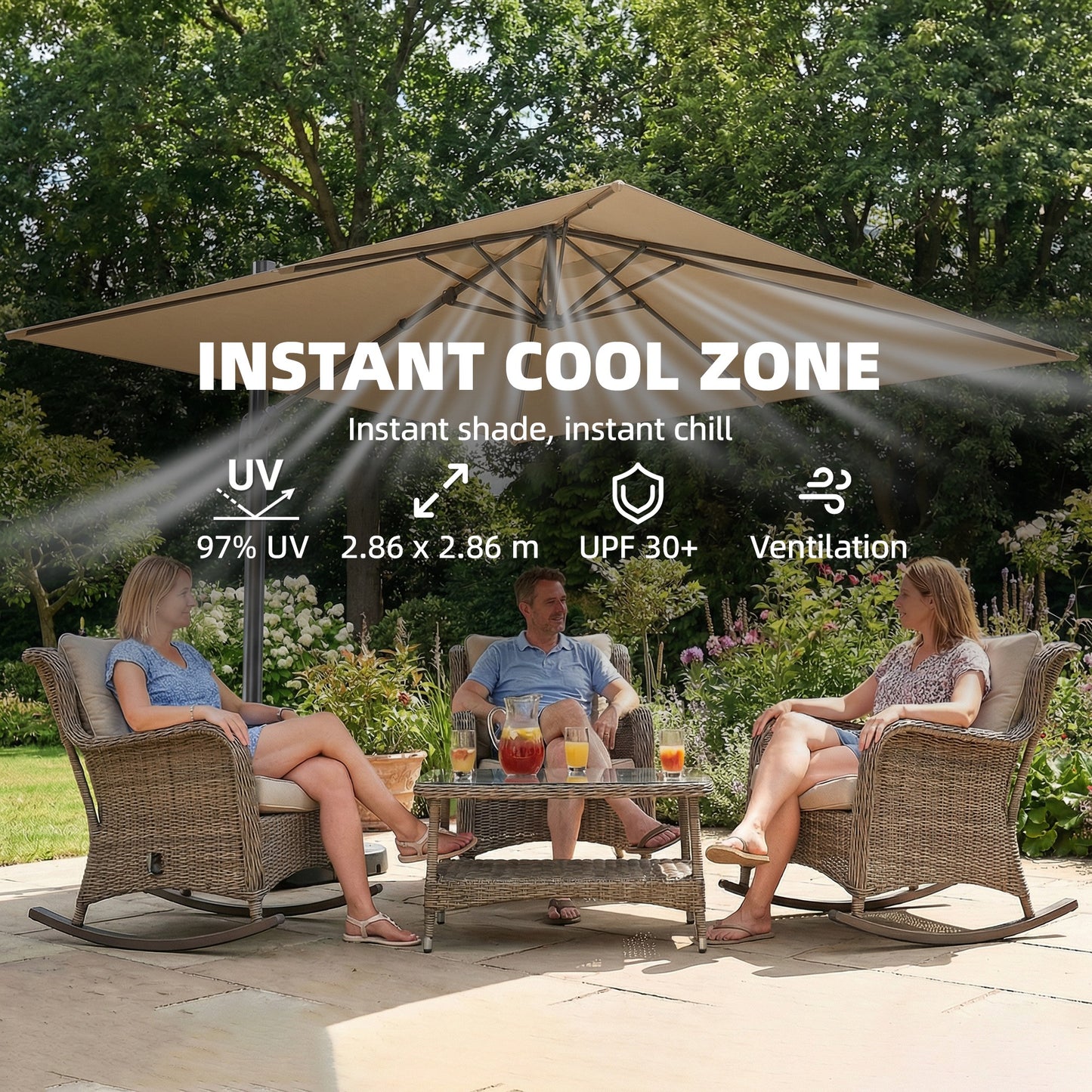 3 x 3 m Garden Cantilever Parasol with Light, Umbrella with Wind Protection, 360° Rotation, Khaki
