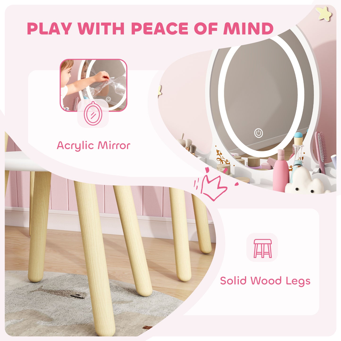 Kids Vanity Table and Chair Set with 3-Colour LED Lights Mirror, Drawer, Storage Boxes, for 3+ Years, White