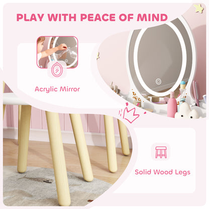 Kids Vanity Table and Chair Set with 3-Colour LED Lights Mirror, Drawer, Storage Boxes, for 3+ Years, White
