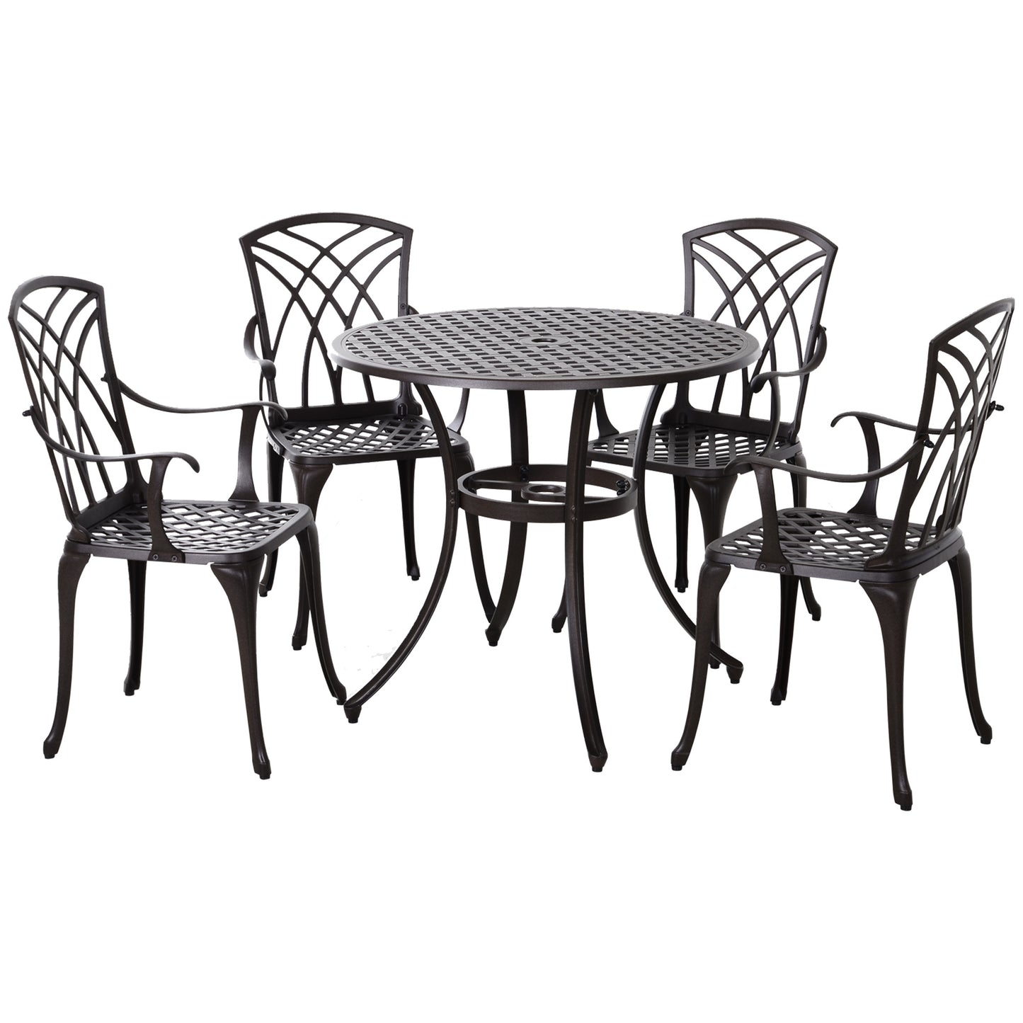 5 Pieces Garden Dining Set for 4, Cast Aluminium Outdoor Dining Set with 4 Armchairs and Round Dining Table with Parasol Hole