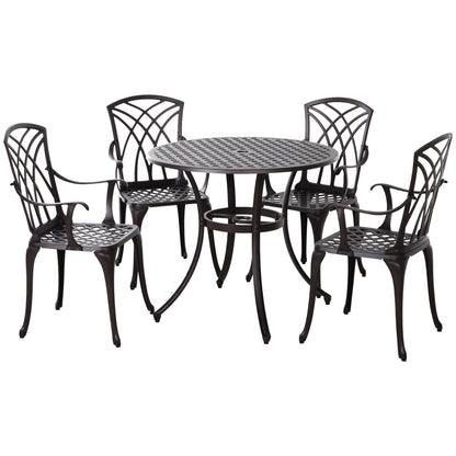 5 Pieces Garden Dining Set for 4, Cast Aluminium Outdoor Dining Set with 4 Armchairs and Round Dining Table with Parasol Hole