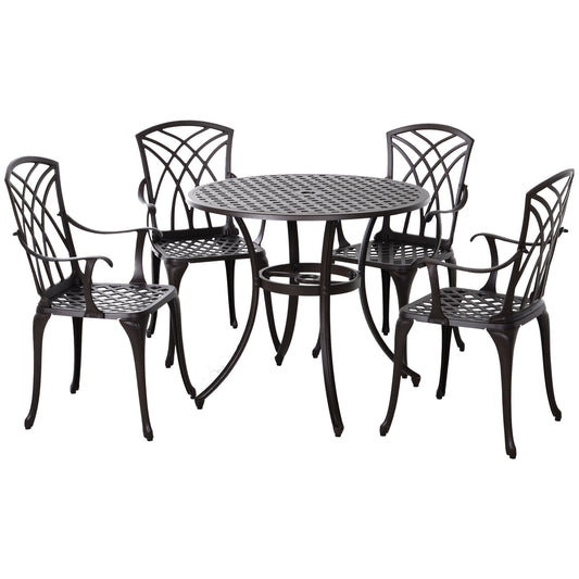 5 Pieces Garden Dining Set for 4, Cast Aluminium Outdoor Dining Set with 4 Armchairs and Round Dining Table with Parasol Hole