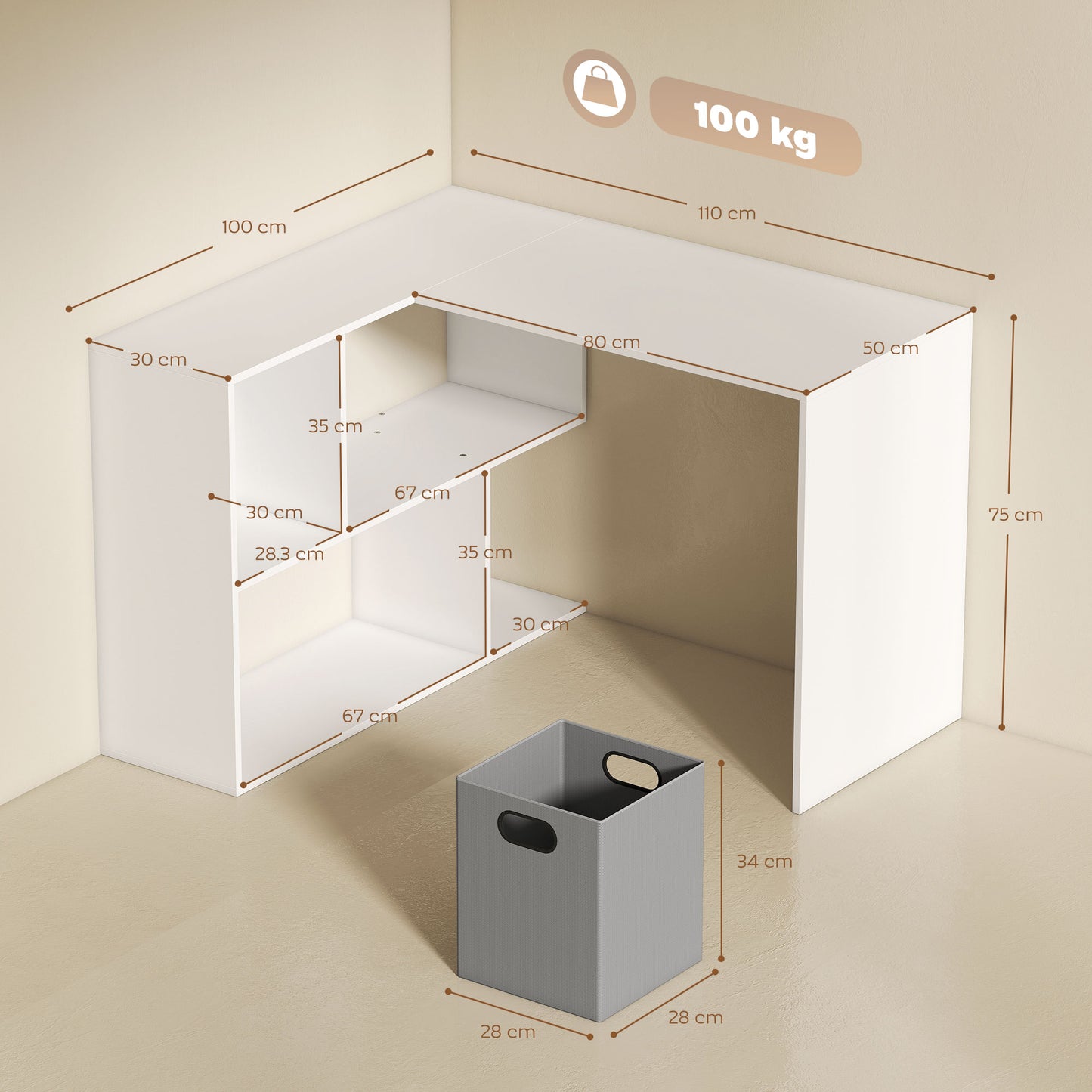 L Shaped Computer Desk, 110 x 100cm Reversible Corner Desk with Fabric Drawer and Storage Shelves, White