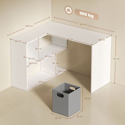 L Shaped Computer Desk, 110 x 100cm Reversible Corner Desk with Fabric Drawer and Storage Shelves, White