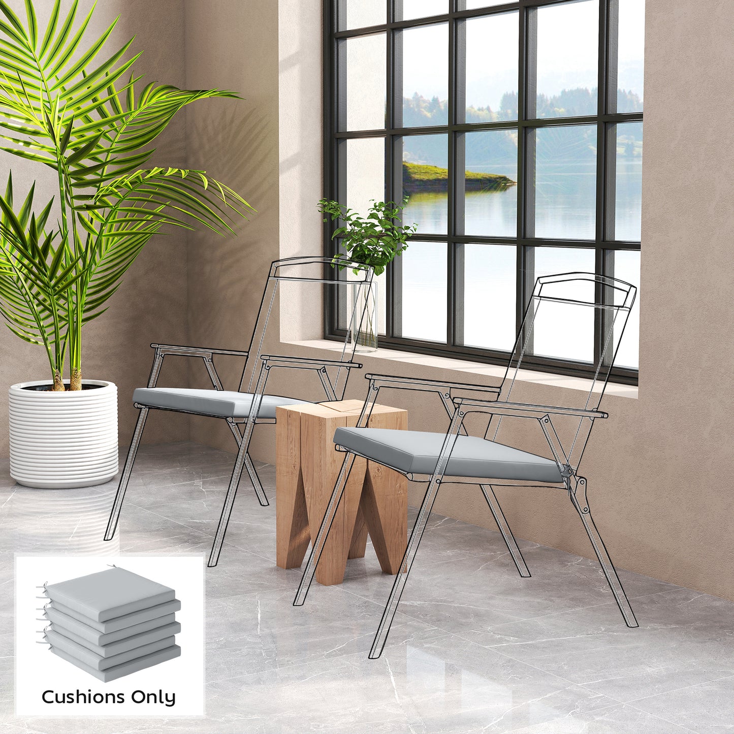 Set of 6 Outdoor Seat Cushions with Machine Washable Cover, Water Repellent Seat Cushions Light Grey