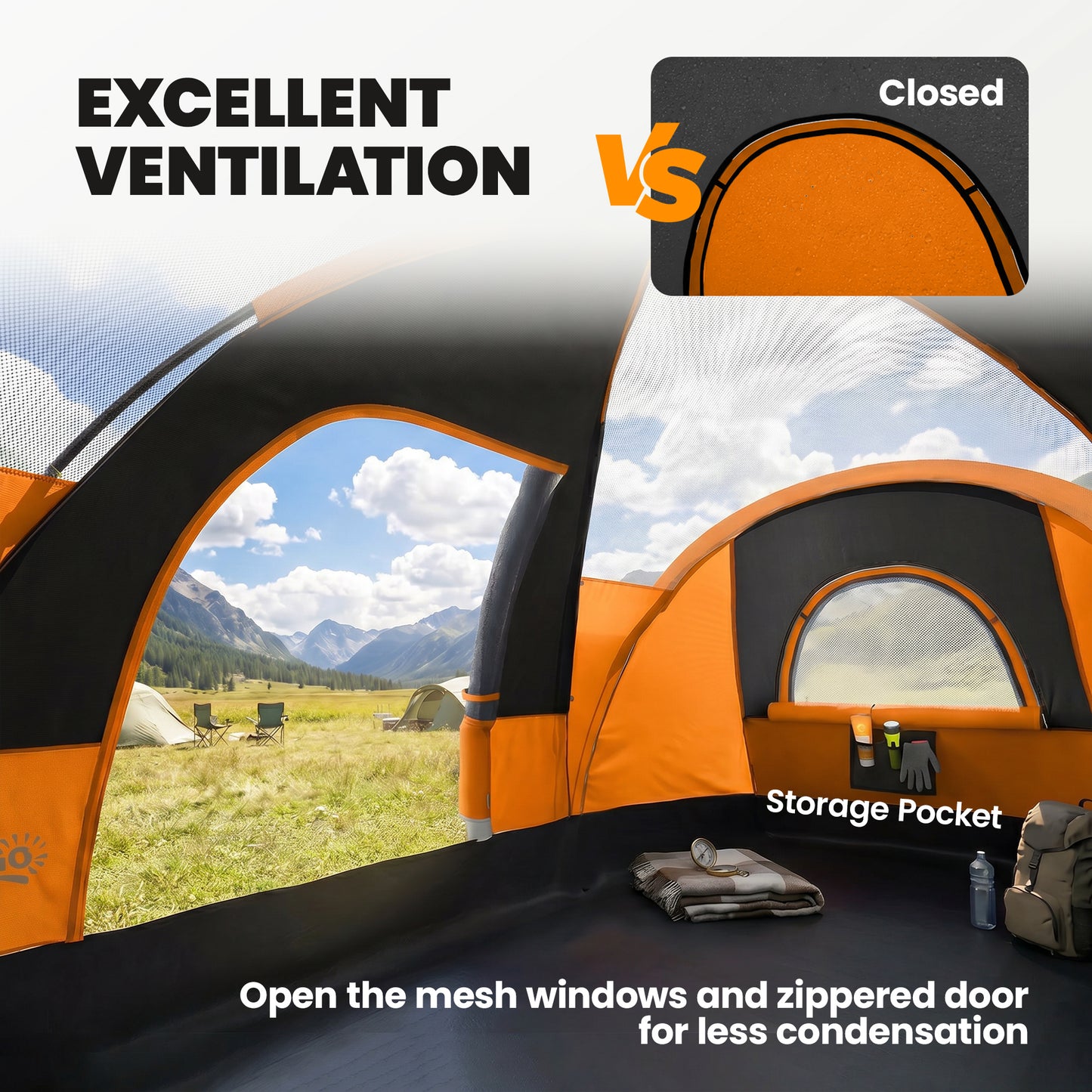 5 Man Camping Tent, Large Tunnel Tent, Water Resistant Hiking Shelter with Groundsheet and Carry Bag, Orange
