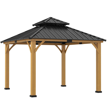 3.5 x 3.5m Outdoor Hardtop Gazebo Canopy with Two-tier Metal Roof and Solid Wood Frame Outdoor Patio Shelter for Patio