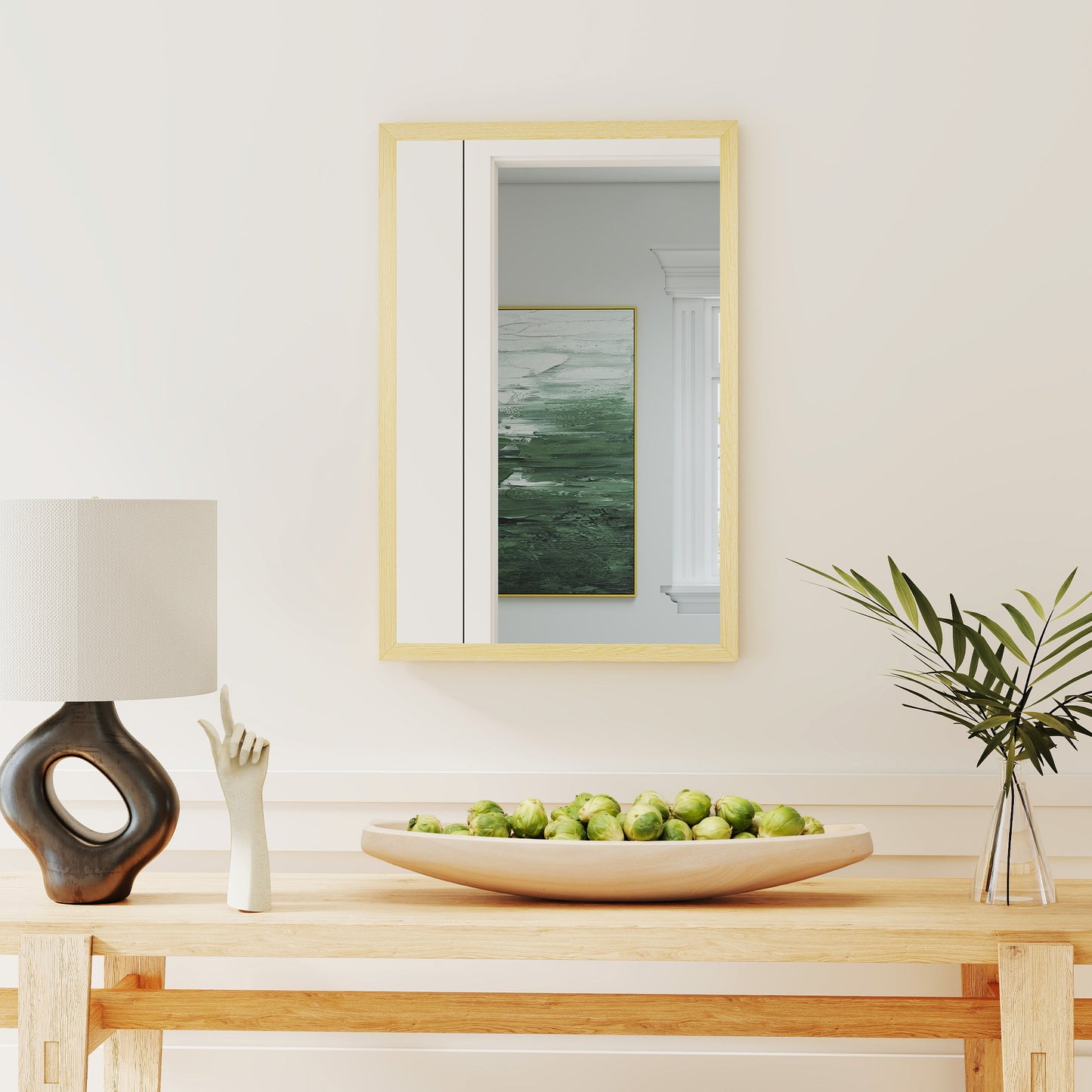 Wall Bathroom Mirror, 60 x 40 cm Wall-Mounted Mirror for Living Room, Bedroom, Hallway, Natural Wood Finish