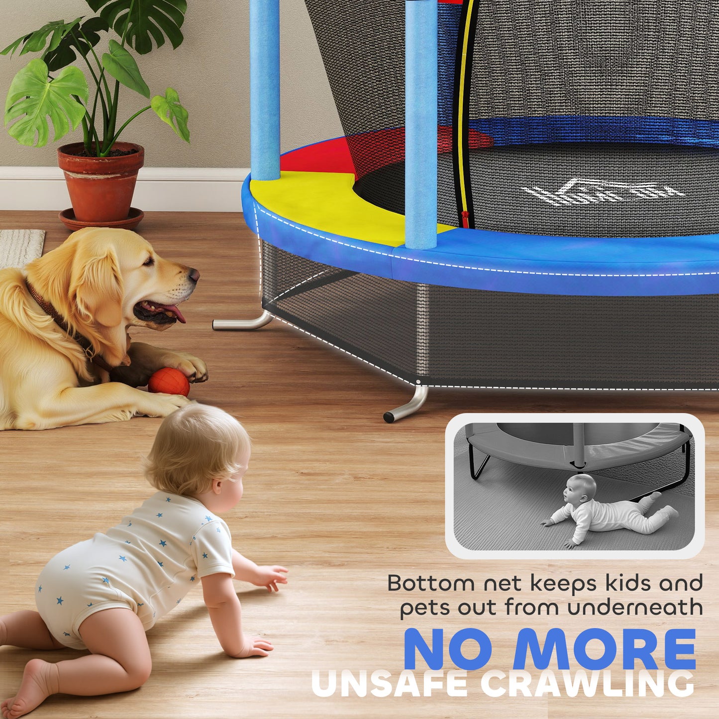 Kids Trampoline, with Enclosure Net, Steel Frame, for Ages 3-6 Years - MultiColoured