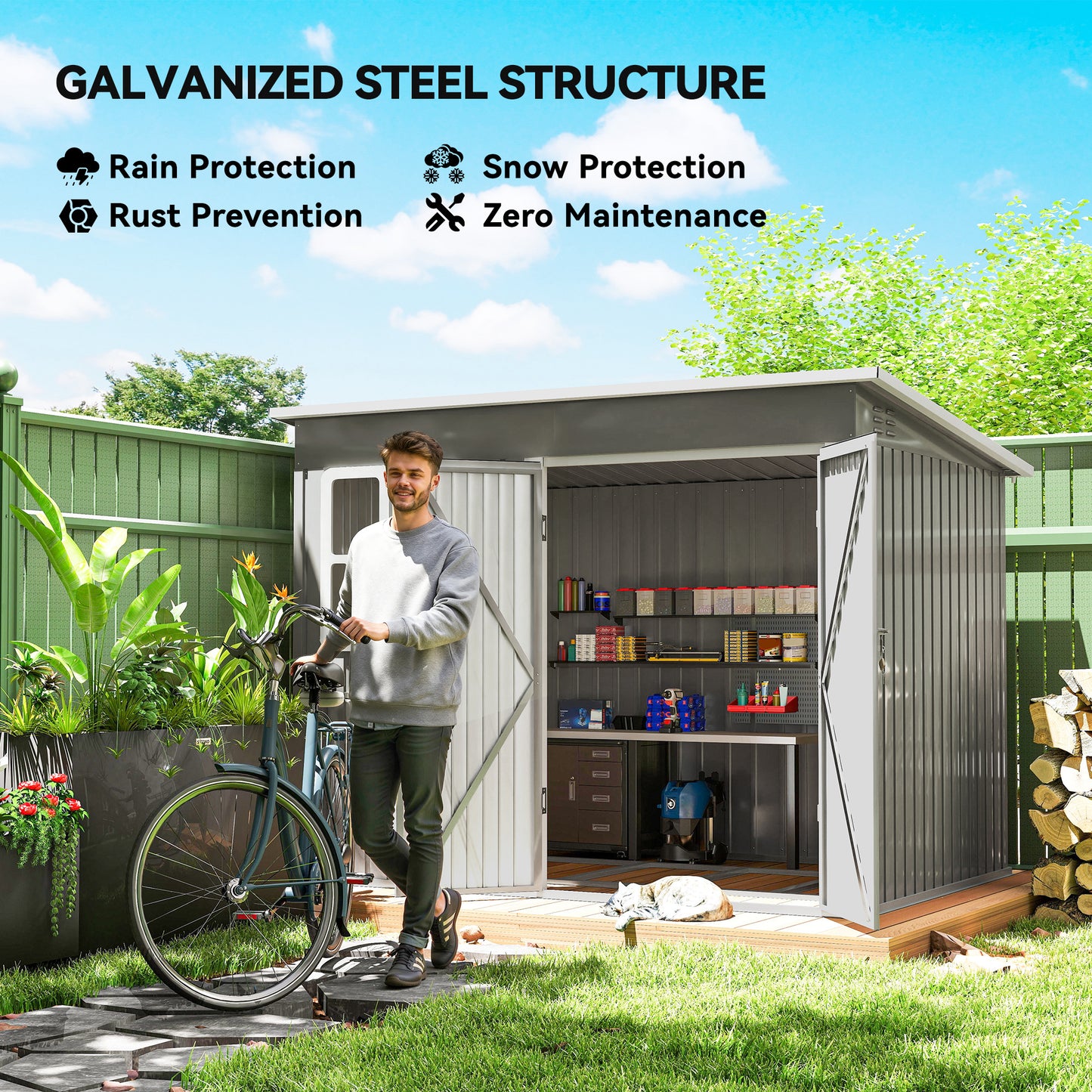 8.5 x 6ft Storage Shed Galvanised Steel Garden Shed, Metal Shed with Foundation Kit, Window