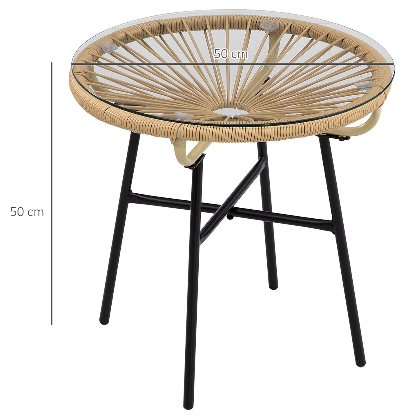 Rattan Side Table, Round Outdoor Coffee Table, with Round PE Rattan and Tempered Glass Tabletop for Patio, Garden, Balcony