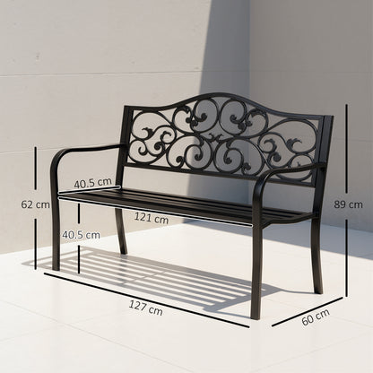 Metal Garden Bench with Floral Backrest and Armrests - Black