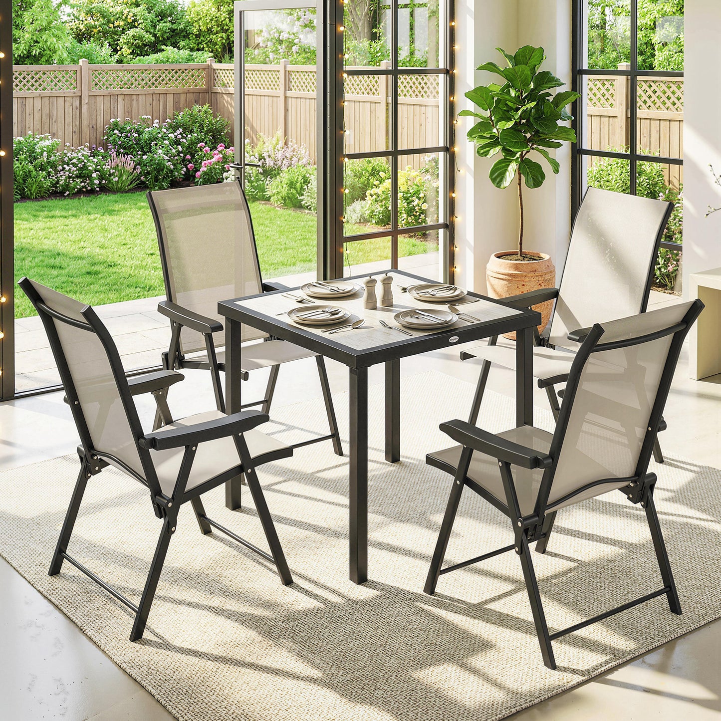 5 Pieces Outdoor Dining Set, Garden Dining Set for 4 with Square Table and Folding Chairs, Brown