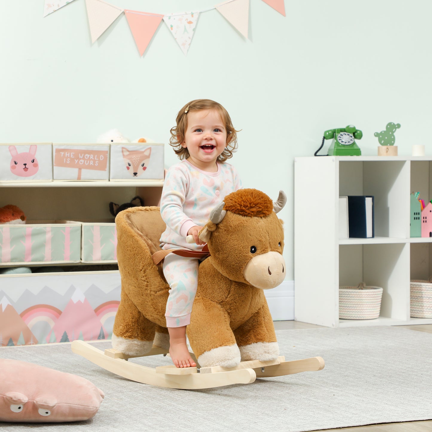 Baby Rocking Horse with Safety Belt, Wood Base, Animal Rocker for Children, Brown
