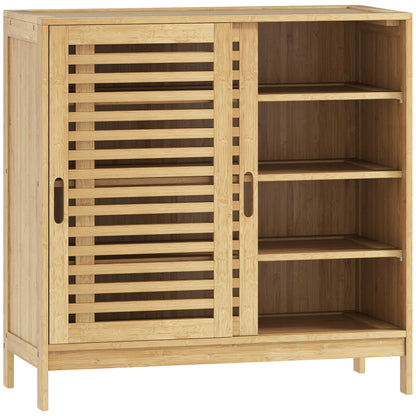 Bamboo Shoe Cabinet with 2 Sliding Slat Doors, 16Pairs, Adjustable Shelves, Natural