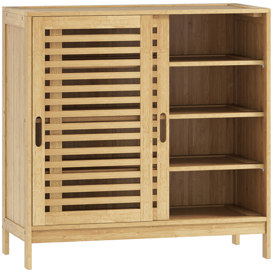 Bamboo Shoe Cabinet with 2 Sliding Slat Doors, 16Pairs, Adjustable Shelves, Natural