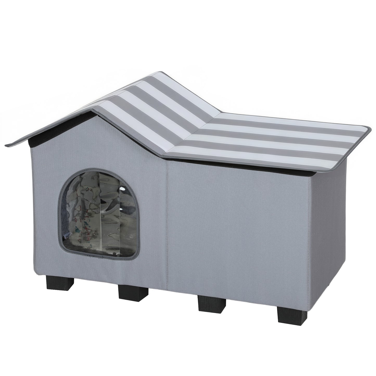 Outdoor Cat House, Weather Resistant Feral Cat Cave with Elevated Base and Cushion for Winter, Grey